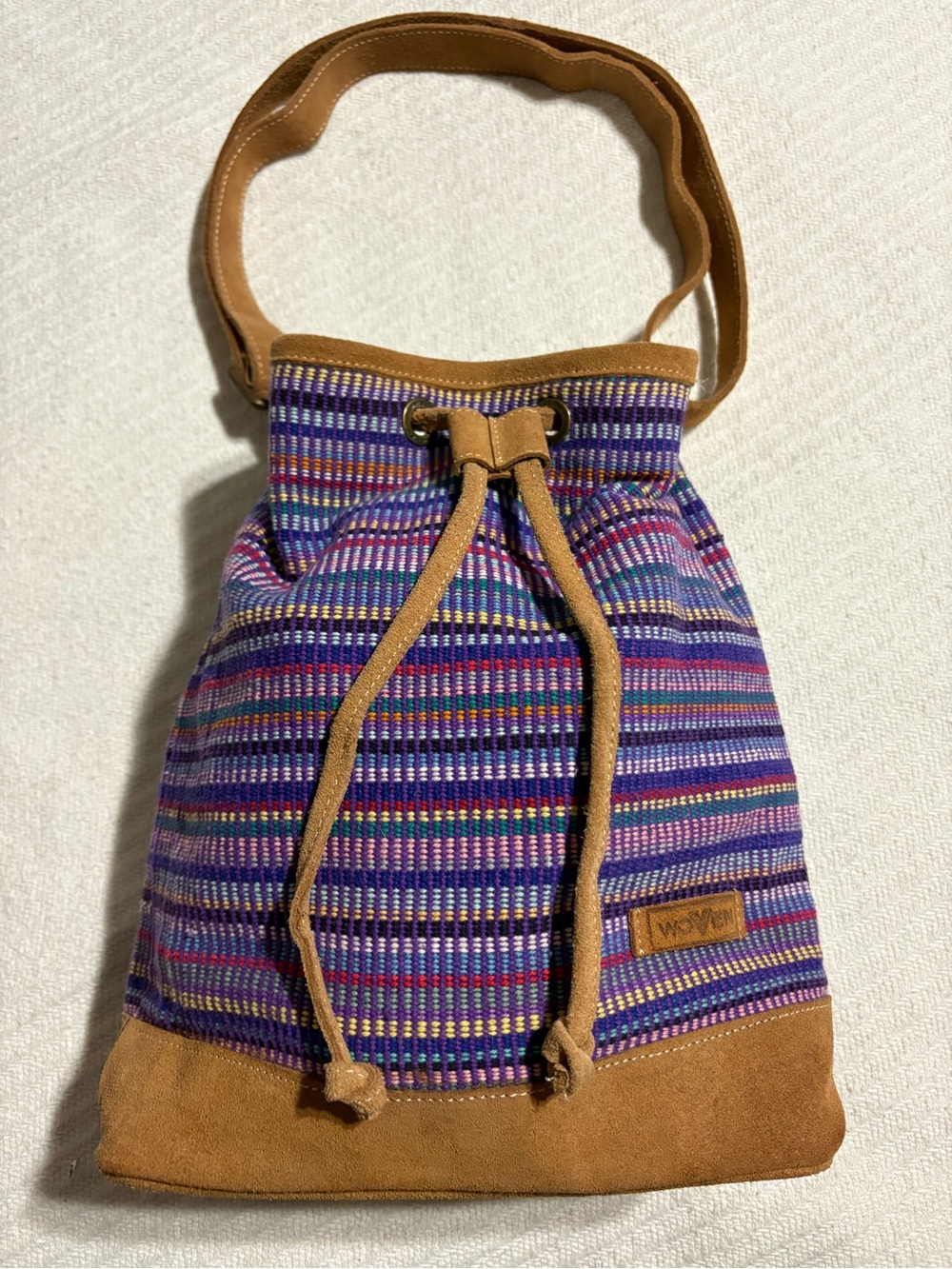 Woven Multicolor Handwoven Bucket Bag with Tan Leather Suede Trim